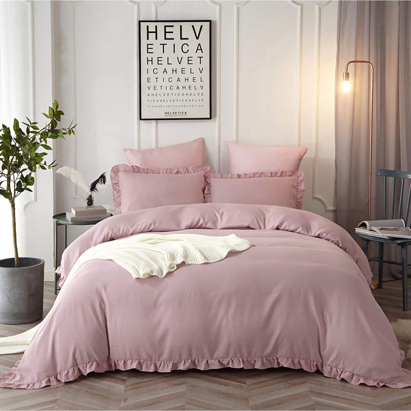 HYPREST Queen Duvet Cover Set- Microfiber Soft Comfortable Farmhouse Aesthetic Ruffled Pink Blush Duvet Cover Bedding Set with Zipper Closure and 4 Corner Ties, Oeko-TEX Certificated (No Comforter) - Image 1